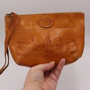 Vintage Sergios Collection Small Leather Zipper Pouch Bag Natural Tooled Leather